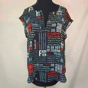 7th Avenue Design Studio L Petite Fashion Print Rolled Sleeve Placket Front Top